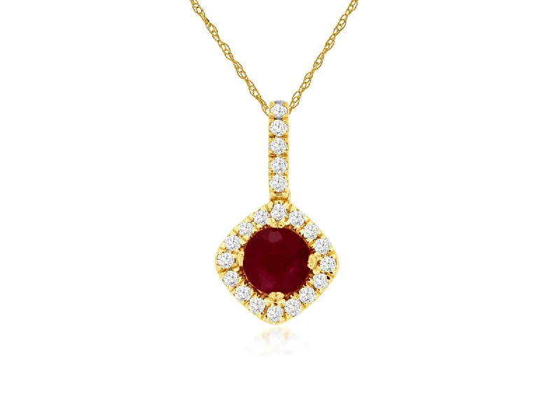 Vintage-Inspired Diamond Ring-Double Layer Necklace-14K Yellow Gold Round Ruby Diamond Halo Pendant Necklace