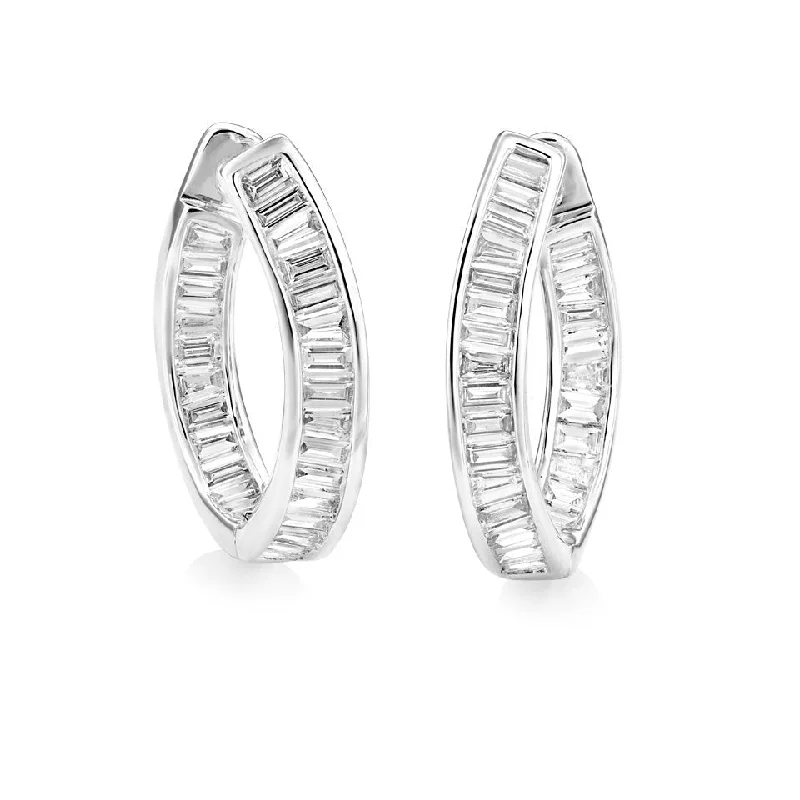 Custom Drop Earrings for Weddings-18ct white gold Inside/Outside baguette diamond channel set hoop earrings