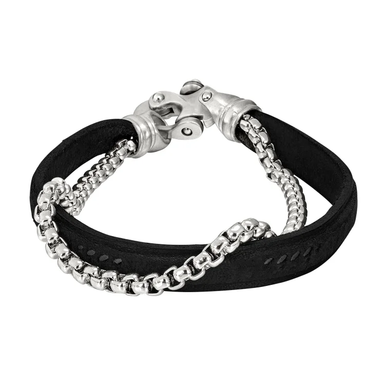 Men's Chain Bracelets-Black Leather 2 Cord Bracelet With Box Link Chain