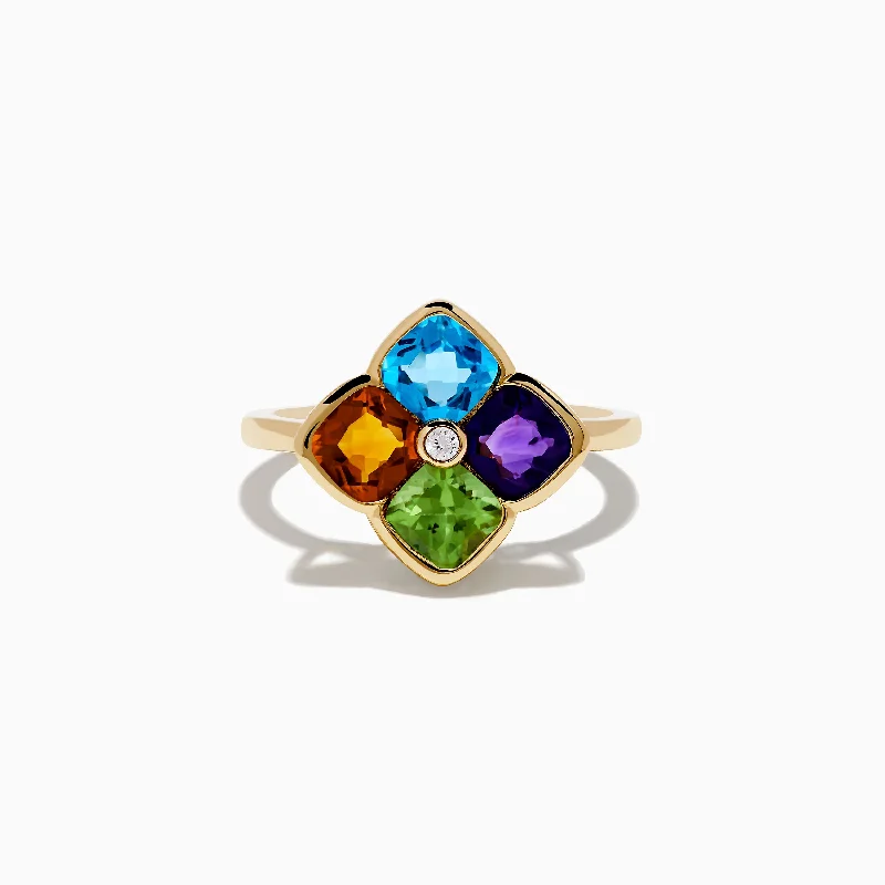 Custom Signet Ring for WomenMosaic 14K Yellow Gold Multi Color Gemstone and Diamond Ring