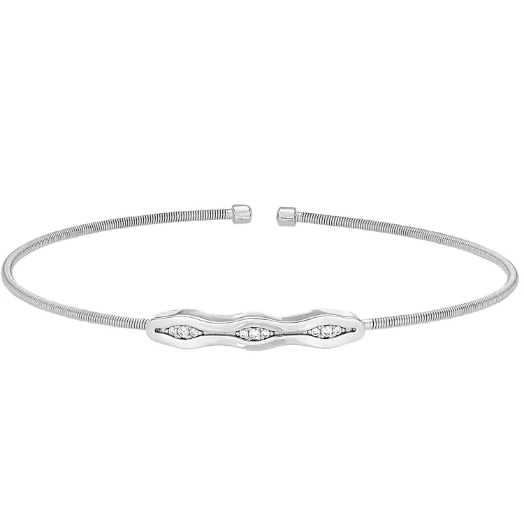 Simple Bracelets-Rhodium Finish Sterling Silver Cable Cuff Bracelet with Simulated Diamonds & Polished Finish