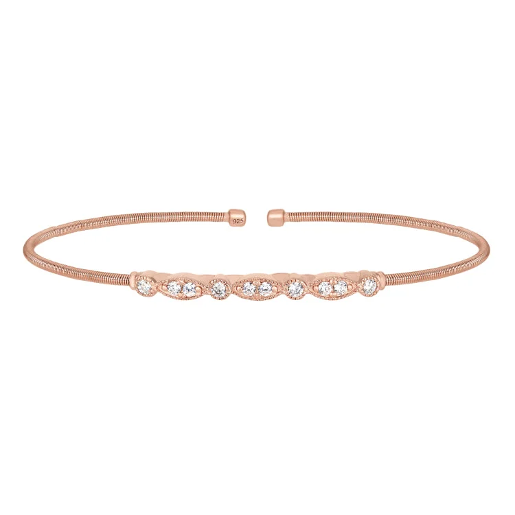 Luxury Bracelets-Rose Gold Finish Sterling Silver Cable Cuff Bracelet with Simulated Diamond Marquis & Round Design