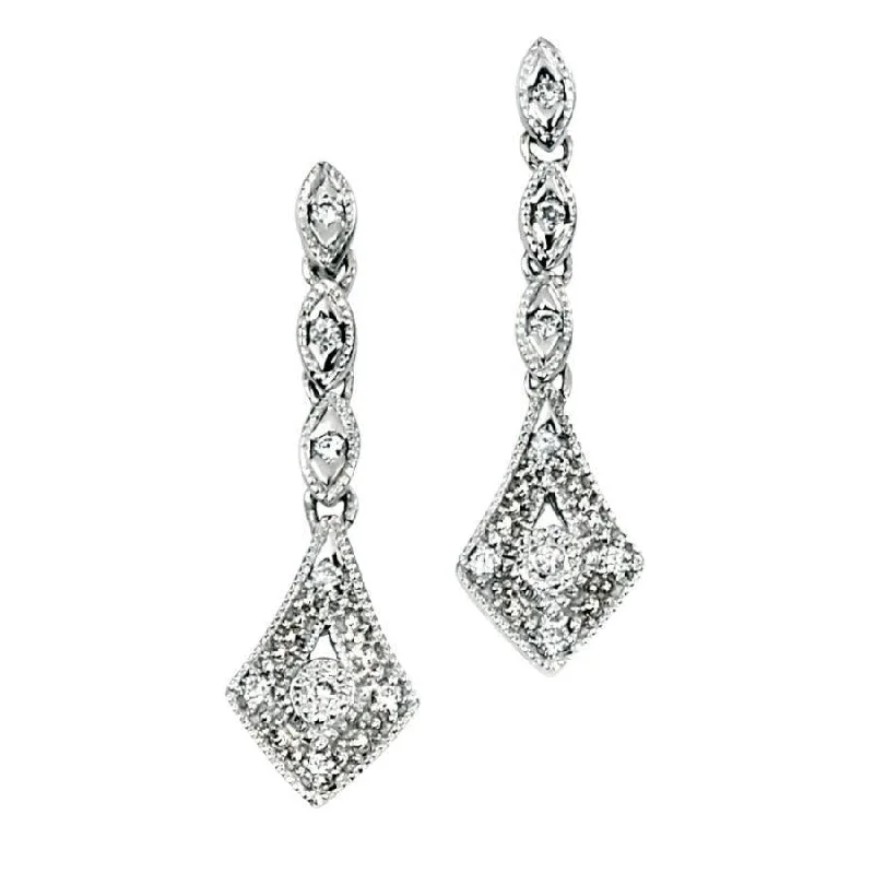 Handmade Pearl Drop Earrings-9ct White Gold Vintage Style Diamond Drop Earrings