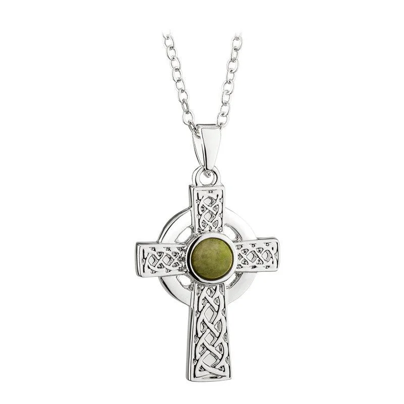 Sapphire and Diamond Wedding Ring-Custom Cross Chain Necklace-Solvar Rhodium Plated Connemara Marble Cross Pendant