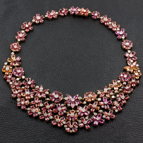 Gold Statement Ring-Red Necklace-Pink & Orange Sapphire & Diamond Necklace, Earring & Ring Set