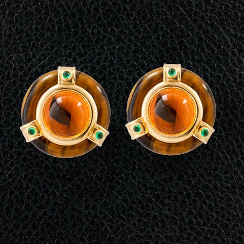 Multi-layered Earrings-Citrine, Tiger's Eye & Emerald Estate Earrings