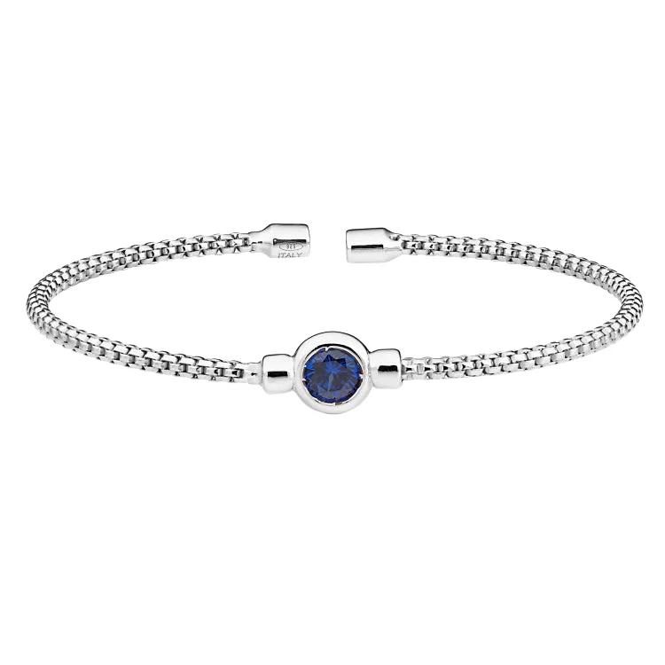 Fine Gold Bracelets-Rhodium Finish Sterling Silver Rounded Box Link Cuff Bracelet with Bezel Set Simulated Sapphire Birth Gem