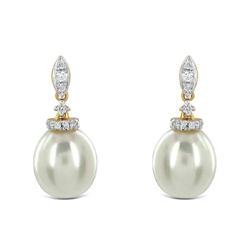 Designer Crystal Earrings-18ct Yellow Gold Freshwater Pearl & Diamond Drop Earrings