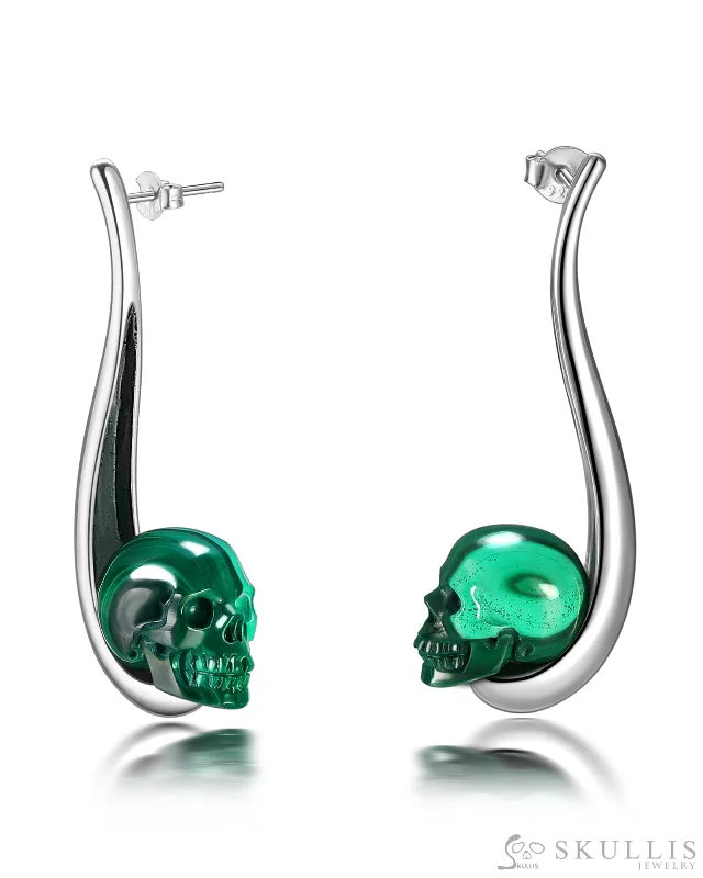 Artistic Stud Earrings-Gem Skull Earrings of Malachite Carved Skull in 925 Sterling Silver