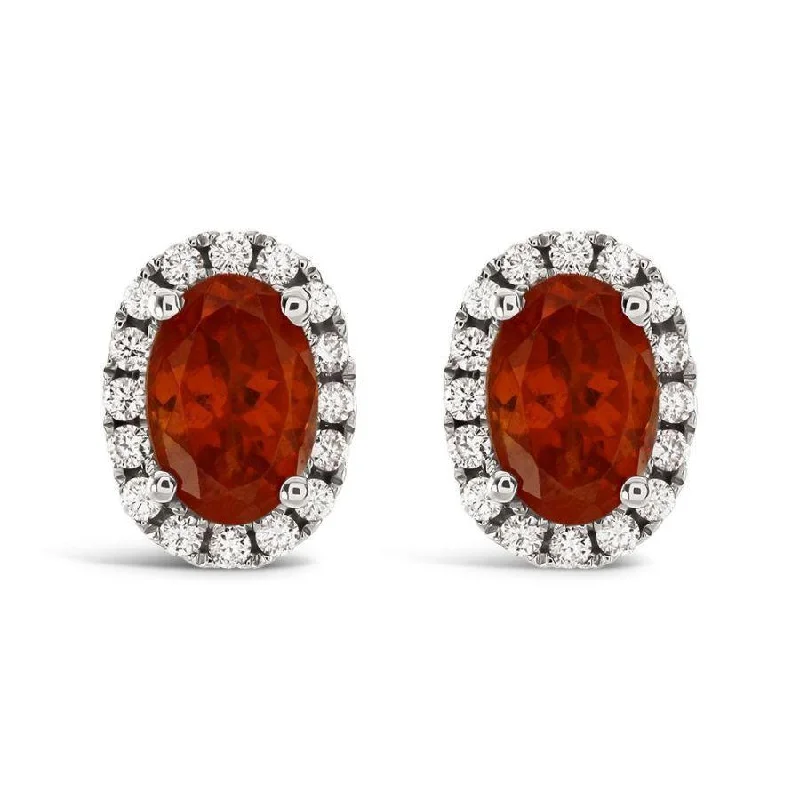 Luxury Pearl Earrings-18ct White Gold Oval Mandarin Garnet & Diamond Halo Cluster Stud Earrings