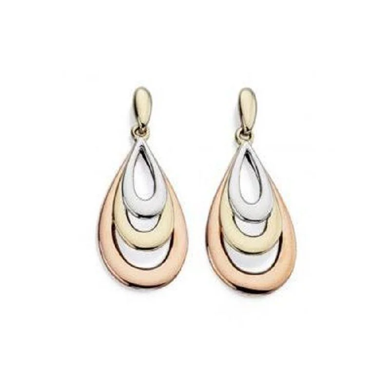 Silver Hoop Earrings with Diamonds-9ct Yellow, White & Rose Gold Triple Teardrop Drop Earrings