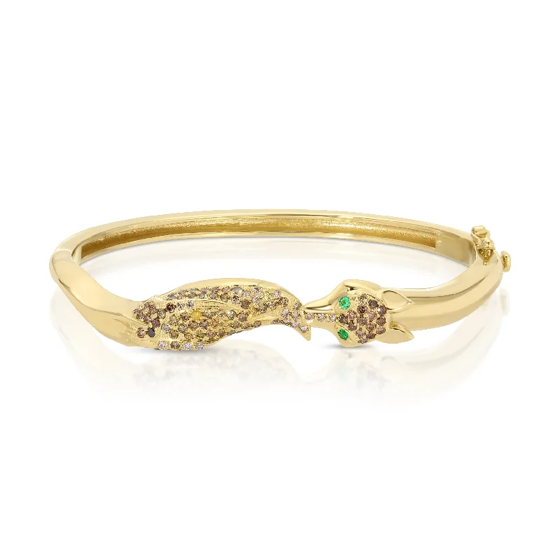 Gold Bangles With Stones-Diamond Fox Cuff with Emerald Eyes