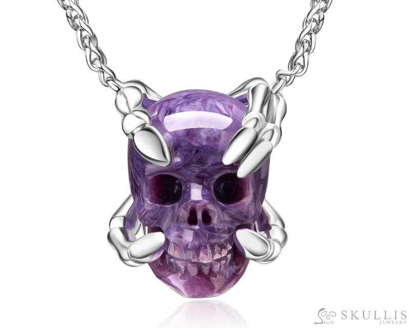 Unique Custom Engagement Ring-Custom Crystal Chain Necklace-Gem Skull Pendant Necklace of Russian Charoite Carved Skull with Sterling Sterling Silver Finger Bones