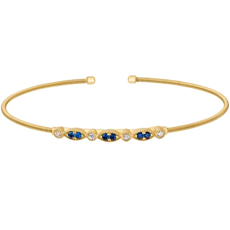 Sterling Silver Bracelets-Gold Finish Sterling Silver Cable Cuff Bracelet with Simulated Blue Sapphire and Simulated Diamond Marquis & Round Design