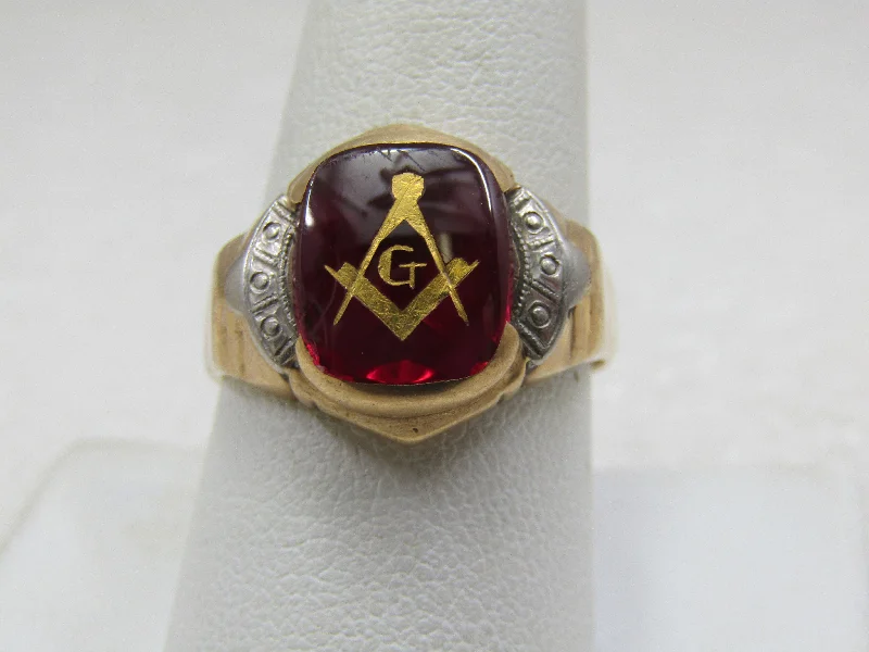 Custom Wedding Band with EngravingVintage 10kt Masonic Ring, Created Ruby, Sz. 9.25, Signed IOFX, Two-Tone