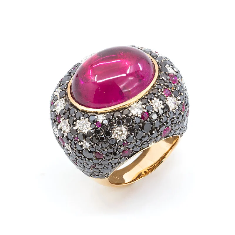 Unique Diamond Ring Set for WomenOval Cabochon Rubellite Dome Ring with Rubies, Black and Clear Diamonds