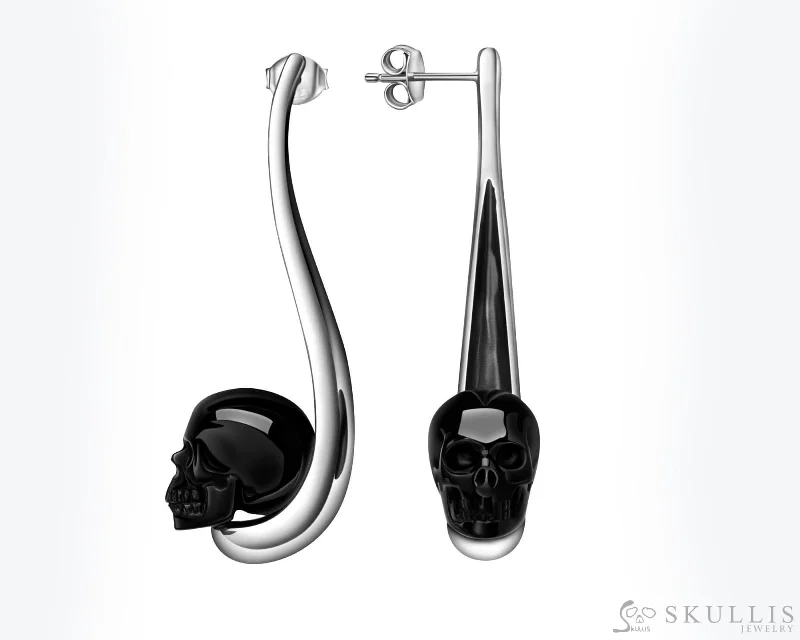 Chunky Hoop Earrings-Gem Skull Earrings of Black Obsidian Carved Skull in 925 Sterling Silver