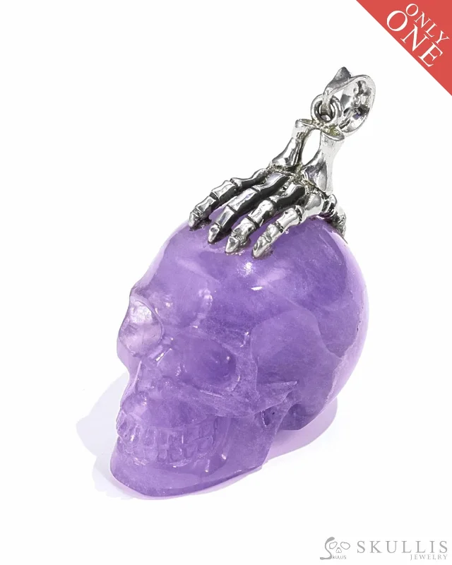 Wedding Ring with Gemstone Center-Gold and Silver Necklace-Gem Skull Pendant Necklace of Amethyst Carved Skull with Skeleton Hand in 925 Sterling Silver - 9500083