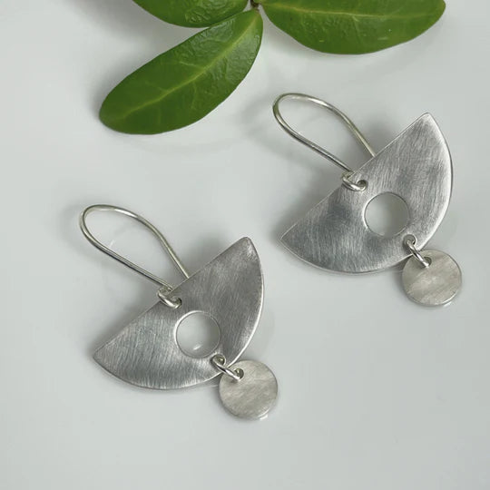 Silver Gemstone Earrings-Modernist Semi Circle Flat Top Drop Earrings