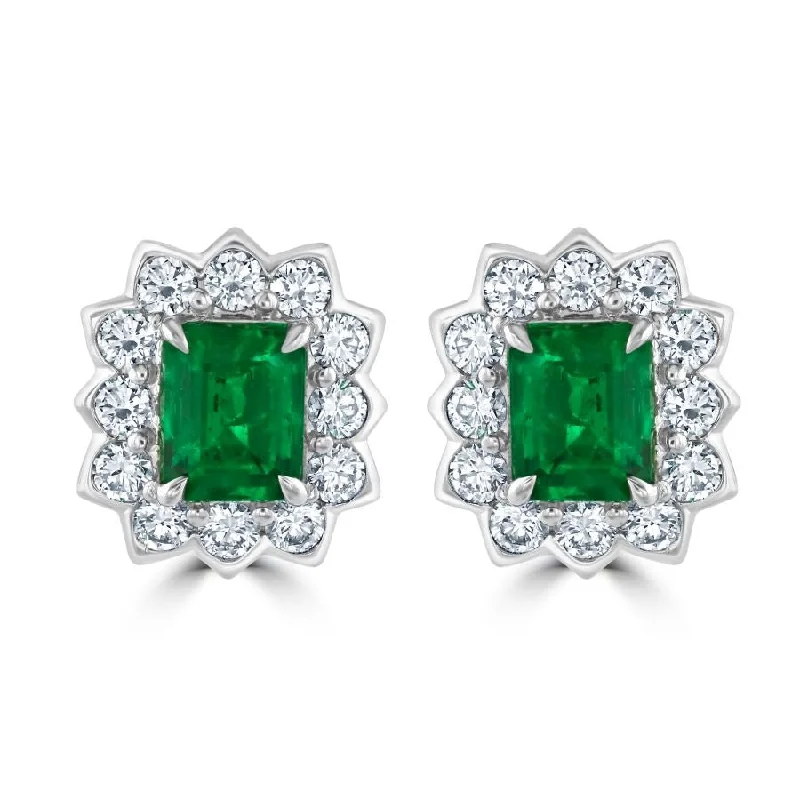 Classic Gold Earrings-18ct White Gold Rectangular Cut Emerald & Diamond Halo Cluster Earrings