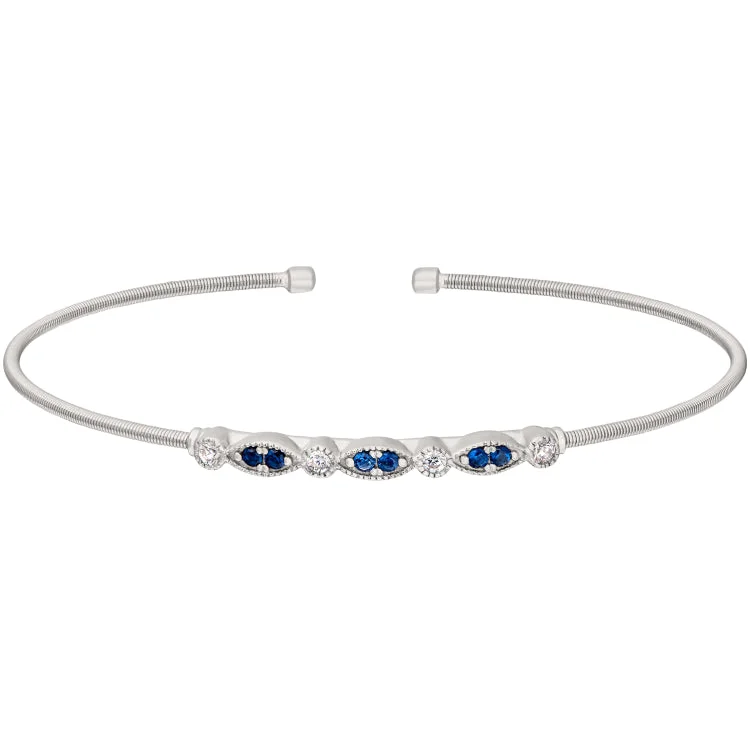 Elegant Bracelets-Rhodium Finish Sterling Silver Cable Cuff Bracelet with Simulated Blue Sapphire and Simulated Diamond Marquis & Round Design