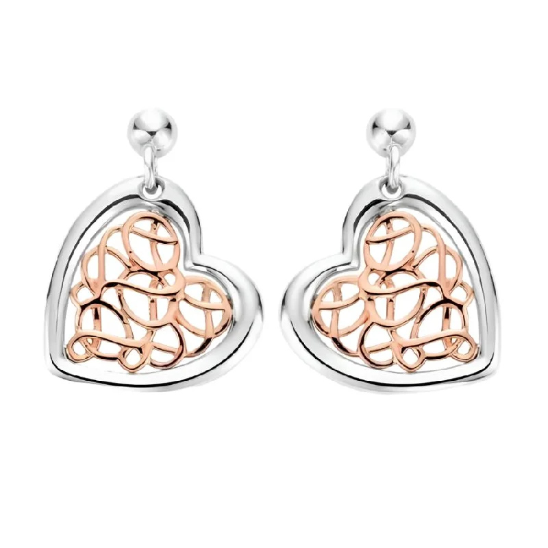 Vintage Diamond Earrings-Silver & 9ct Rose Gold Welsh Heritage Heart Drop Earrings