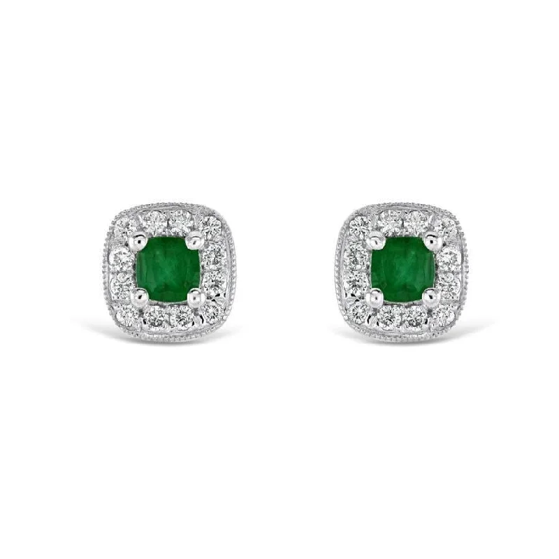 Dark Earrings-18ct White Gold Millegrain Set Round Cut Emerald & Diamond Cushion Cluster Stud Earrings