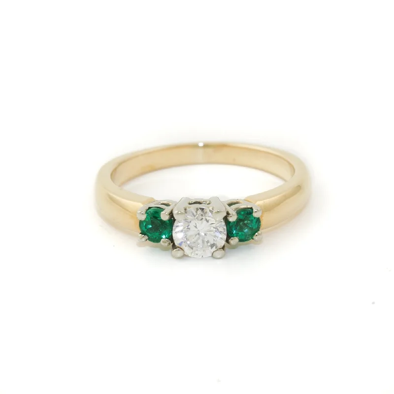 Diamond Solitaire Engagement Ring14k Gold x Vintage 4mm Diamond & Emerald Triplet Band