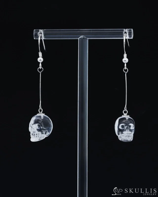 Vintage Gemstone Earrings-Gem Skull Earrings of Quartz Rock Crystal Carved Skull, 925 Sterling Silver -0800030