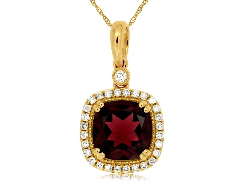 Black Diamond Ring-Elegant Necklace-14K Yellow Gold Cushion Cut Garnet Diamond Halo Pendant Necklace