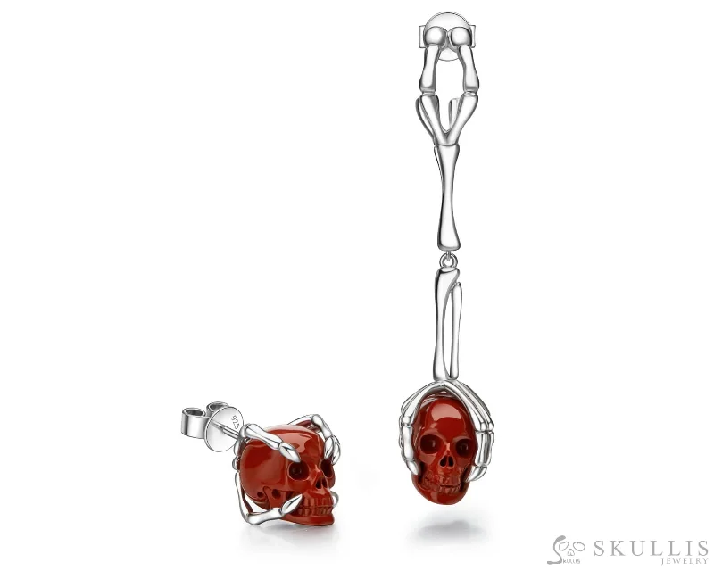 Bohemian Hoop Earrings-Gem Skull Earrings of Red Jasper Carved Skull in 925 Sterling Silver