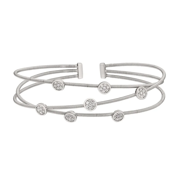 Birthday Bracelets-Rhodium Finish Sterling Silver Three Cable Cuff Bracelet with Rhodium Finish Simulated Diamond Small Circles