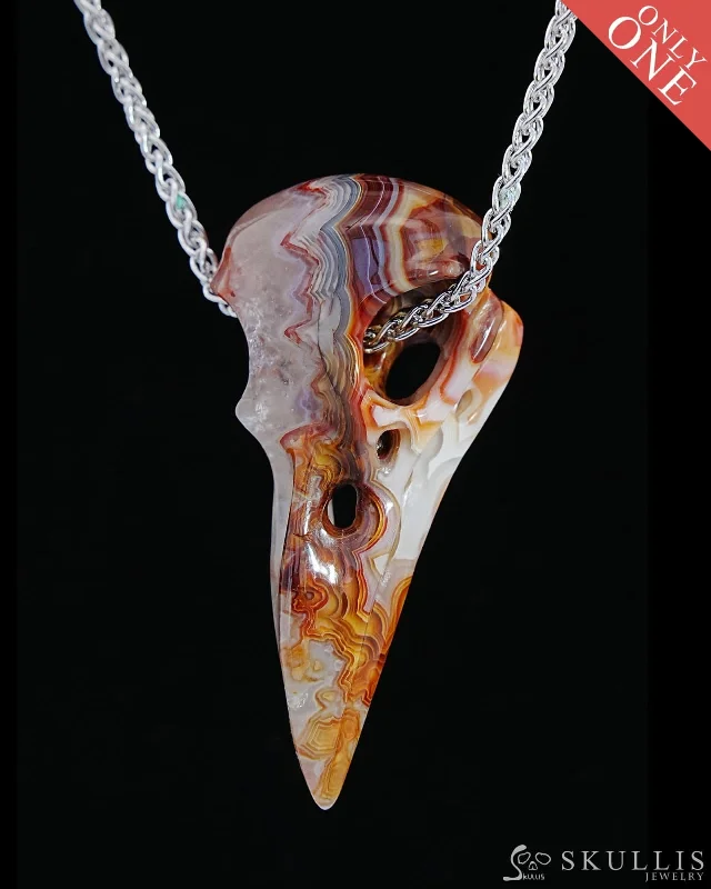 Luxury Engagement Ring for Women-Delicate Chain Necklace-Gem Raven Skull Pendant Necklace of Red Crazy Lace Agate Carved Raven Skull - 9800176