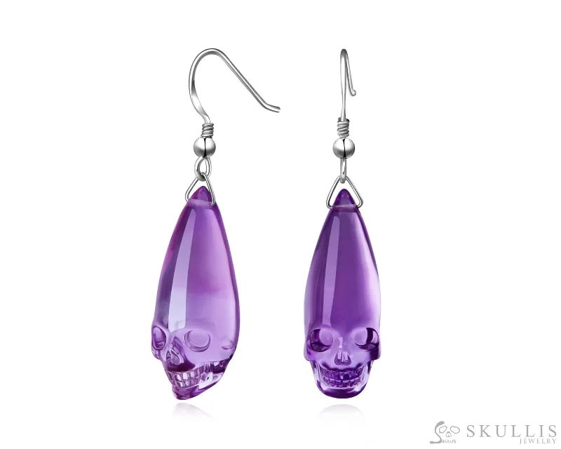 Modern Earrings for Women-Gem Skull Earrings of Amethyst Carved Skull