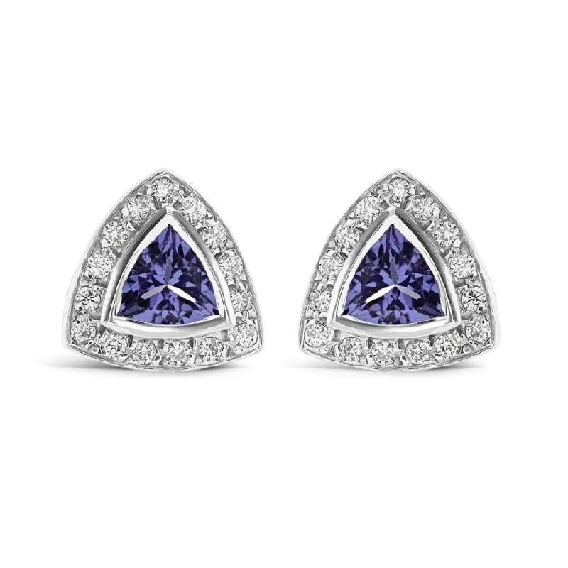 High-End Earrings-18ct White Gold Triangular Cut Tanzanite & Diamond Halo Cluster Stud Earrings