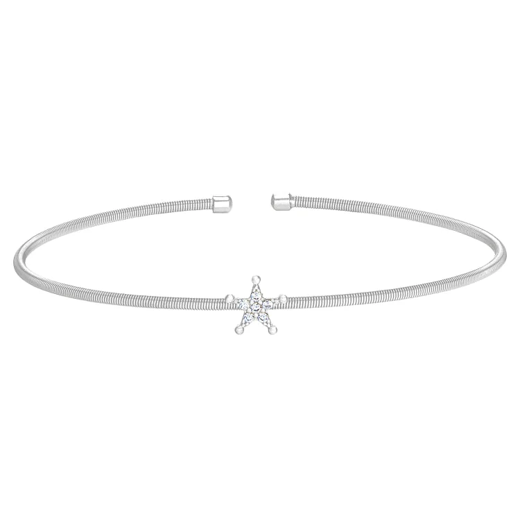 Pearl Bracelets-Rhodium Finish Sterling Silver Cable Cuff Star Bracelet with Simulated Diamonds