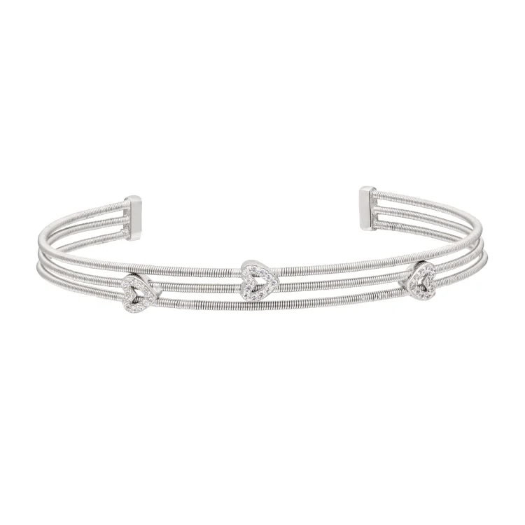 Wooden Bracelets-Rhodium Finish Sterling Silver Three Cable Cuff Bracelet with Rhodium Finish Simulated Diamond Open Hearts