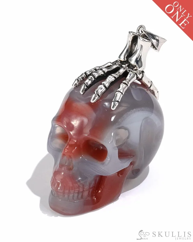 Sapphire and Diamond Wedding Ring-Trendy Gemstone Necklace Set-Gem Skull Pendant Necklace of Mozambique Agate Carved Skull with Skeleton Hand in 925 Sterling Silver - 9500081