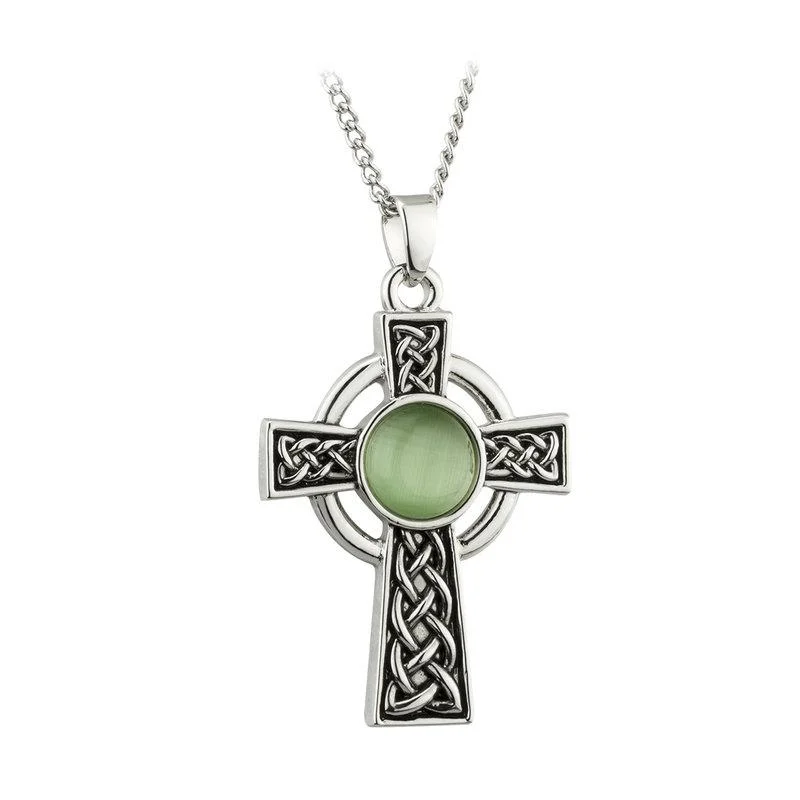 Unique Custom Engagement Band-Simple Chain Necklace Set-Rhodium Green Celtic Cross Necklace