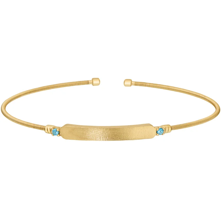 Classy Bracelets-Gold Finish Silver Cable Cuff Bracelet with Name Plate and Simulated Aquamarine Birth Gems - March