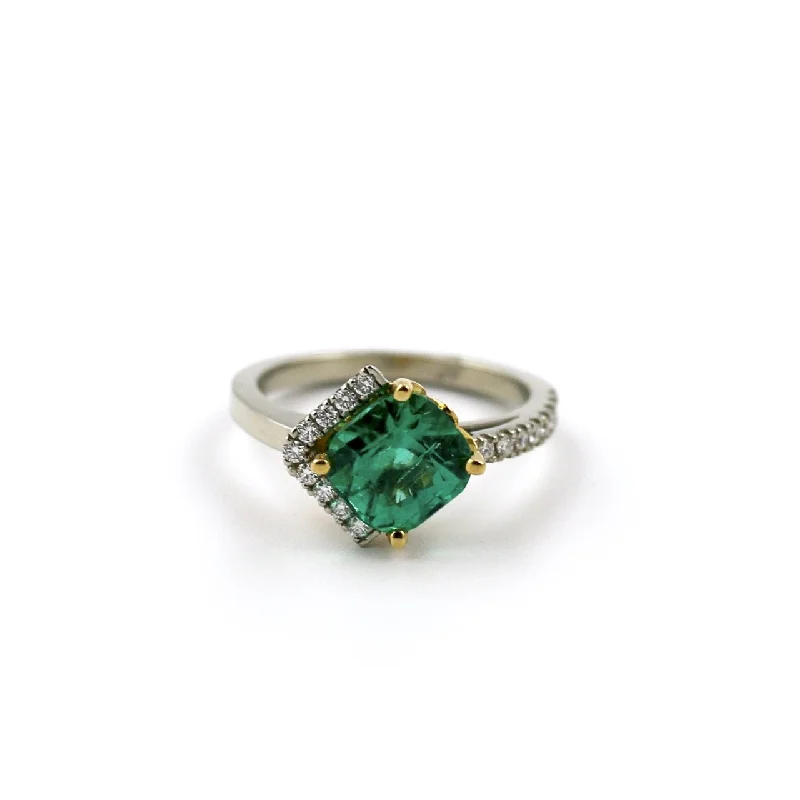 Custom Platinum Engagement Ring for WomenRadiant-Cut 14 KT White Gold Emerald x Pave Diamond Ring