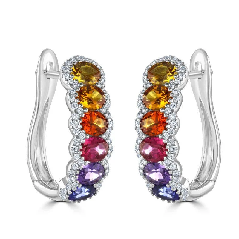 Oversized Drop Earrings-18ct White Gold Multi-Coloured Sapphire & Diamond Hoop Earrings