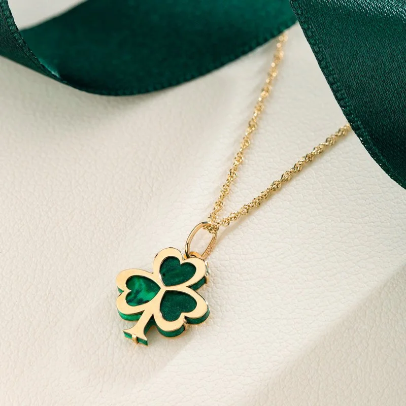 Custom Wedding Set for Couples-Personalized Heart Pendant Necklace Set-10K Gold Malachite Shamrock Pendant