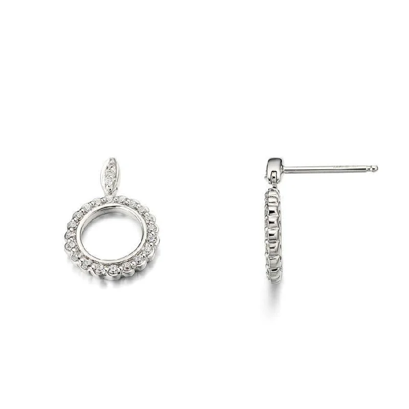 Silver Drop Earrings for Brides-9ct White Gold Diamond Set Open Circle Drop Earrings