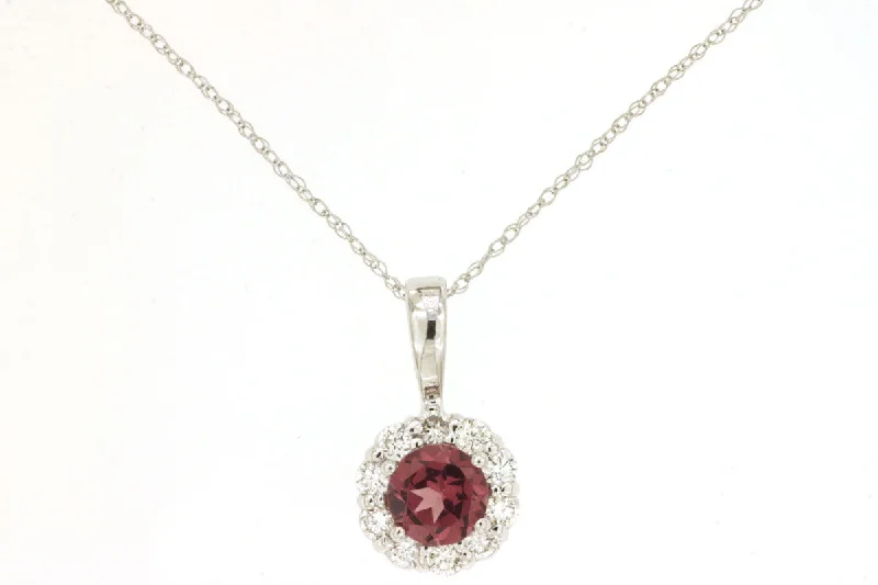 Men's Wedding Ring with Engraving-Necklace for Women-14K White Gold Round Garnet with a Diamond Halo Pendant Necklace