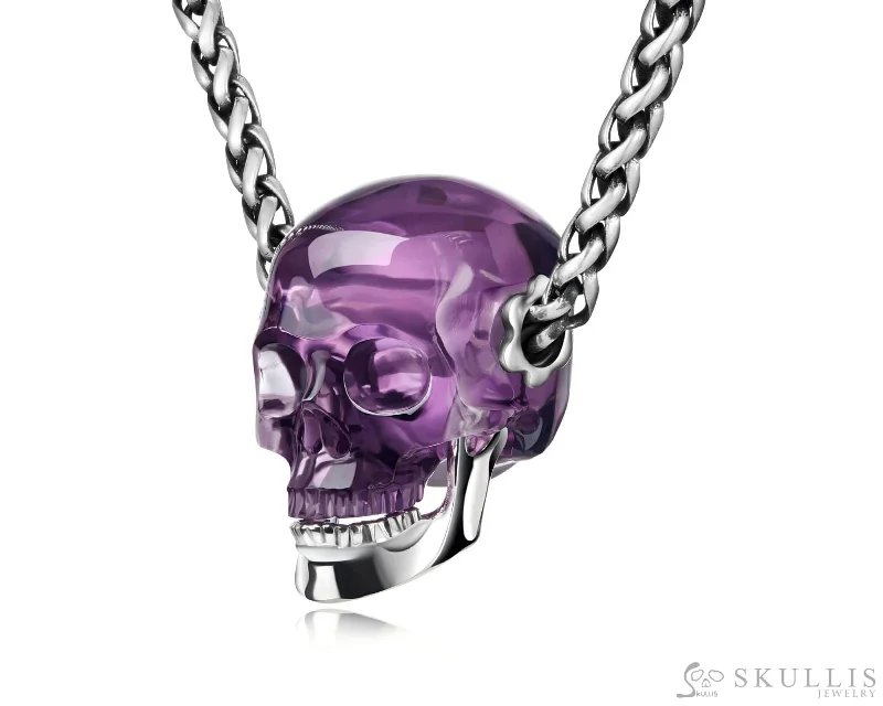 Personalized Diamond Promise Ring-Designer Crystal Necklace Set-Gem Skull Pendant Necklace of  Amethyst Crystal Carved Skull with Detachable Silver Jaw in Sterling Silver