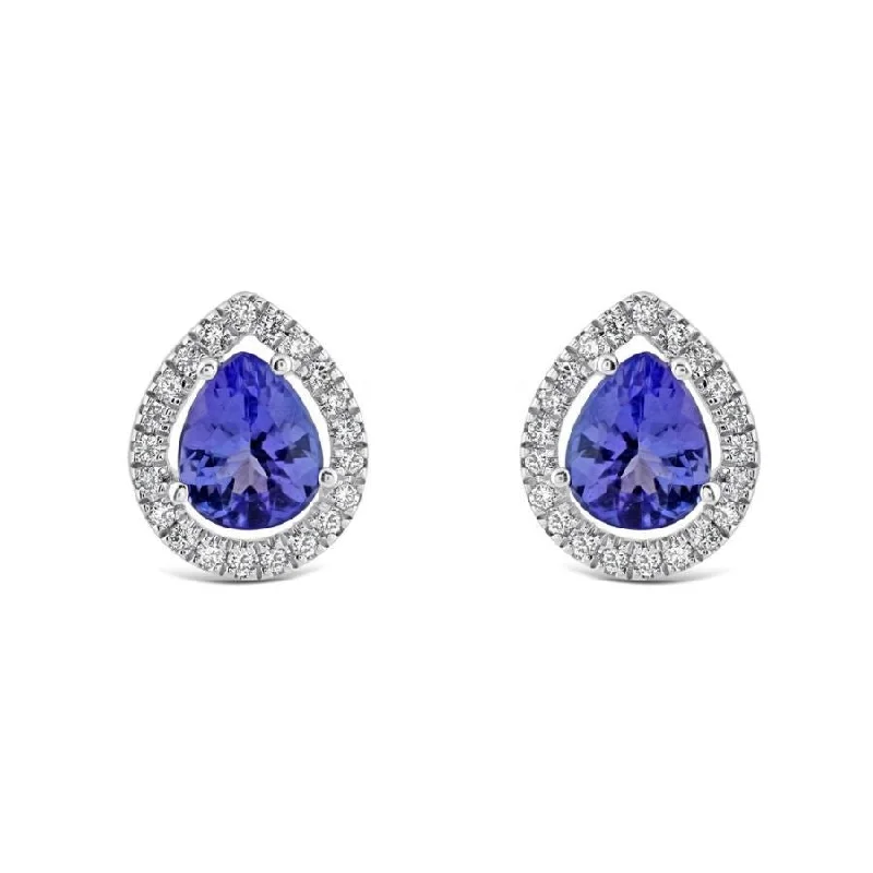 Red Hoop Earrings-18ct White Gold Pear Cut Tanzanite & Diamond Halo Cluster Earrings