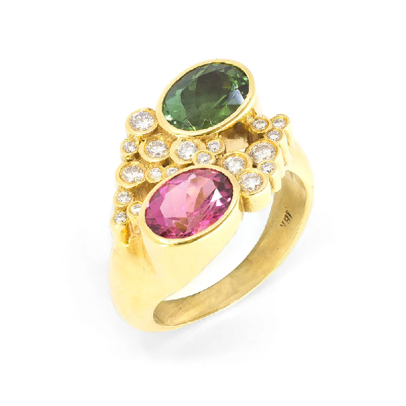 Vintage Wedding Ring with Custom MessageRed & Green Tourmaline Duet Ring with Terraced Cluster Diamonds