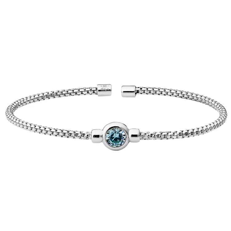 Bracelets For Wedding-Rhodium Finish Sterling Silver Rounded Box Link Cuff Bracelet with Bezel Set Simulated Aqua Marine Birth Gem