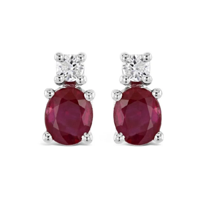 Layered Crystal Earrings-18ct White Gold Oval Cut Ruby & Round Brilliant Cut Diamond Earrings